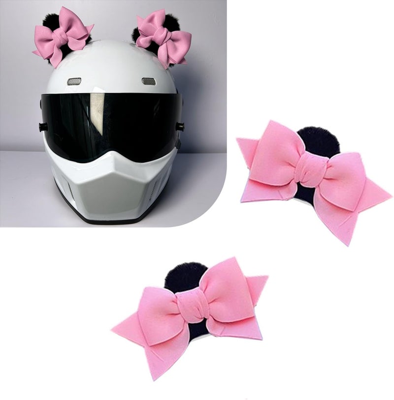 SLIMI 2 PCS Bow Helmet Decoration, Cute Plush Cat Ears Bow Helmet Decor, Self-Adhesive Motorcycle Helmet Accessories for Women (Pink) - Image 1